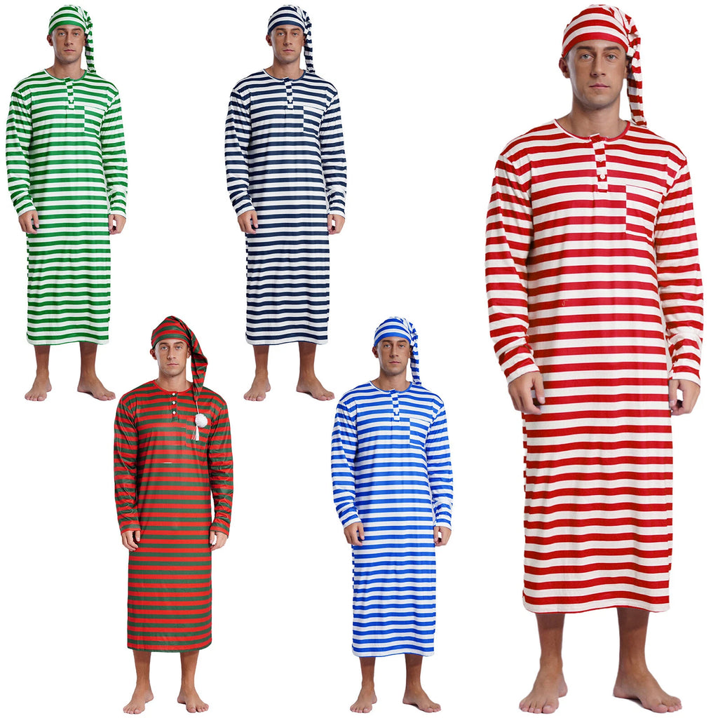 Men's Pajamas Set Long Sleeve Striped Robe Round Neck Loose Sleepwear with Hat