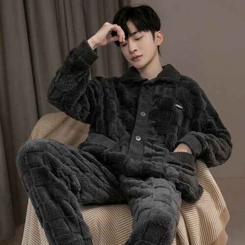 2Pcs/set Men's Pajamas Autumn Winter Padded Long-sleeved Trousers Coral Fleece