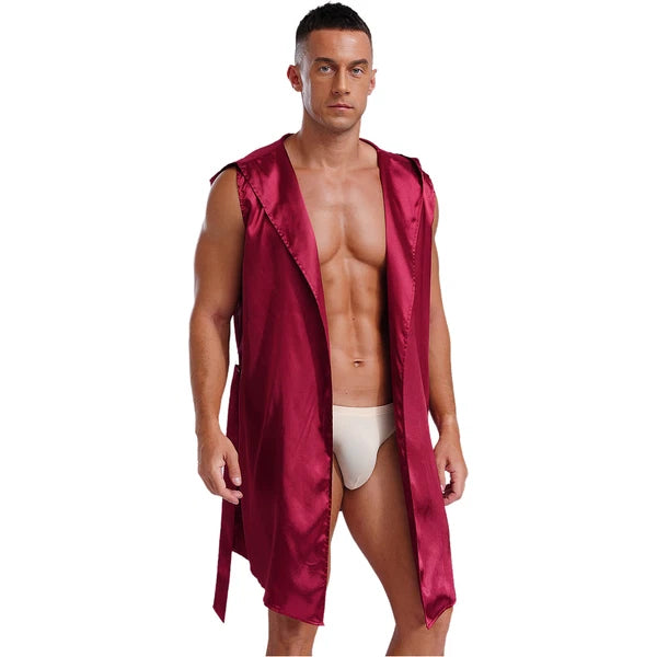 Men's Satiny Pajama Robe Set Sleeveless Silk Hooded Bathrobe with Belt Sleepwear