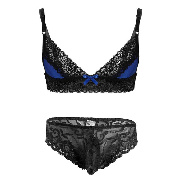 Men Ruffled Lingerie Set Cami Straps Bandeau Bra Thong 2Pcs Crossdresser Pajamas