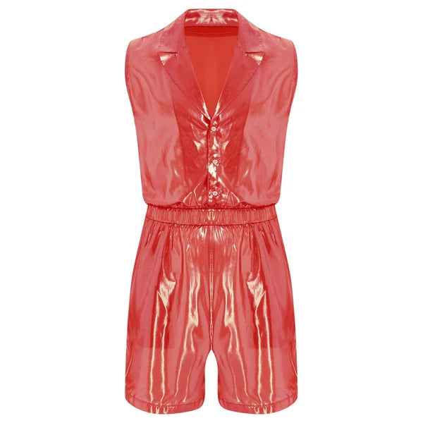 Men Shiny Glossy See-Through Metallic Chiffon Jumpsuit Bodysuit /Pajama Set