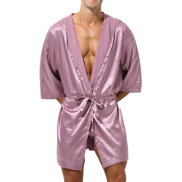 Men's Hooded Robe Set Silk Satin Night Gown Bathrobe Pajama Hot Pants Underwear