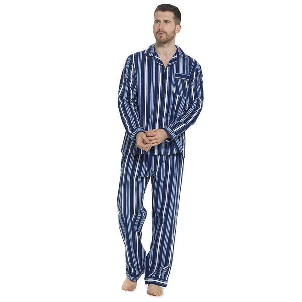 Mens 100% Brushed Cotton Flannel Check Stripe Pyjamas Pyjama Set Traditional PJs