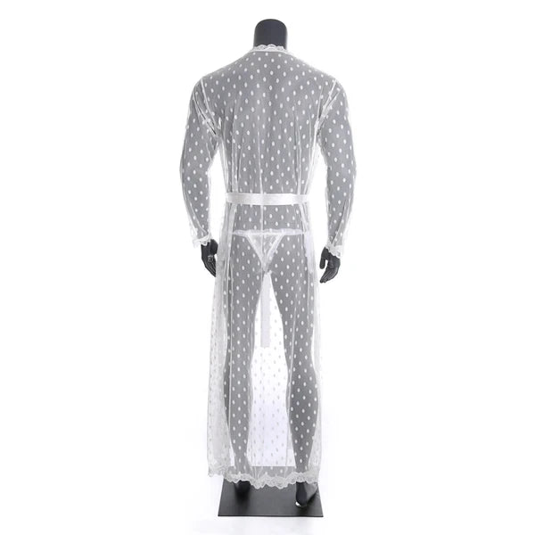 Men Bathrobe Lace Gown Kimono Long Sleeves Robe Pajamas See-through Thong Set