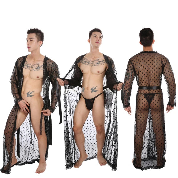 Mens See Through Lace Robe Bathrobe Nightwear Underwear Gown Pajamas Lingerie