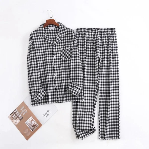 Men's Pajamas Set 100% Cotton Sleepwear Long Sleeve Button Top Pants Nightwear