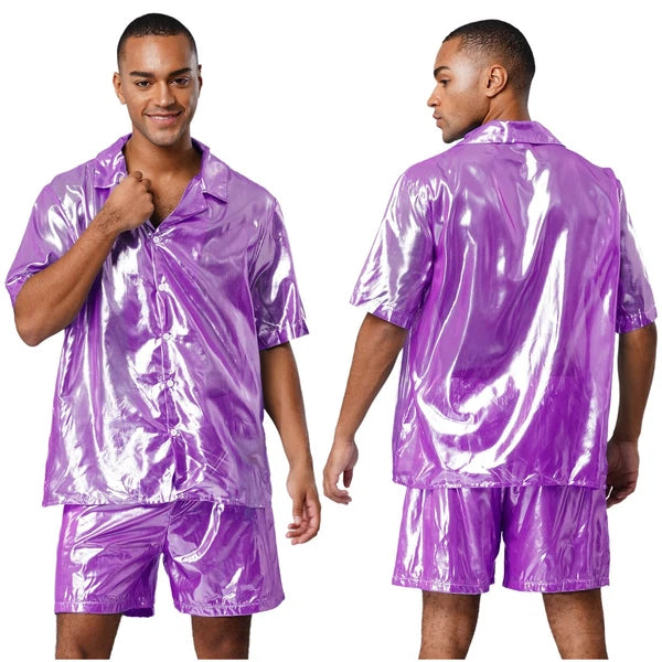 Men Shiny Glossy See-Through Metallic Chiffon Jumpsuit Bodysuit /Pajama Set