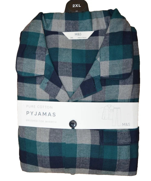 New M&S Collection Mens Check Brush Cotton Green Navy Green Pyjamas Sz 2XL