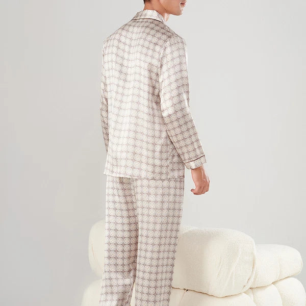 Men's 19MM 100% Pure Mulberry Silk Pajamas Set Long Sleeves Silk Sleepwear S~3XL