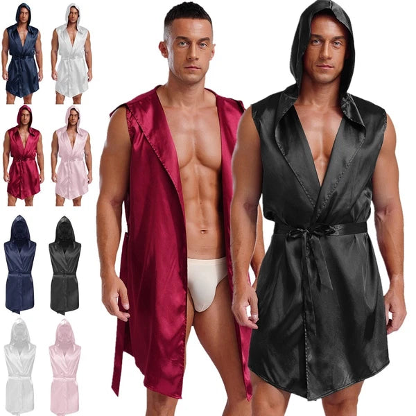 Men's Satiny Pajama Robe Set Sleeveless Silk Hooded Bathrobe with Belt Sleepwear