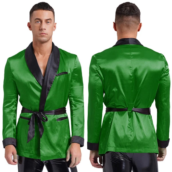 Men's Silk Satin Pajamas Set Short Sleeves Top and Bottom Boxer Shorts Shirt Set