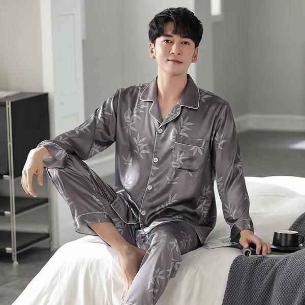 Men's Long Sleeve Satin Pajamas Set Luxury Button Down Pajama Pants Home Clothe