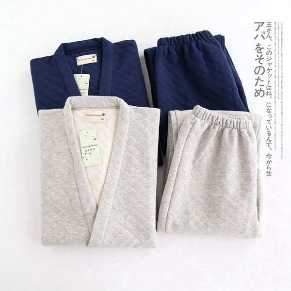 Winter Japanese Men Pajama Sleep Wear Top Pant Wadded Cotton Kimono Set