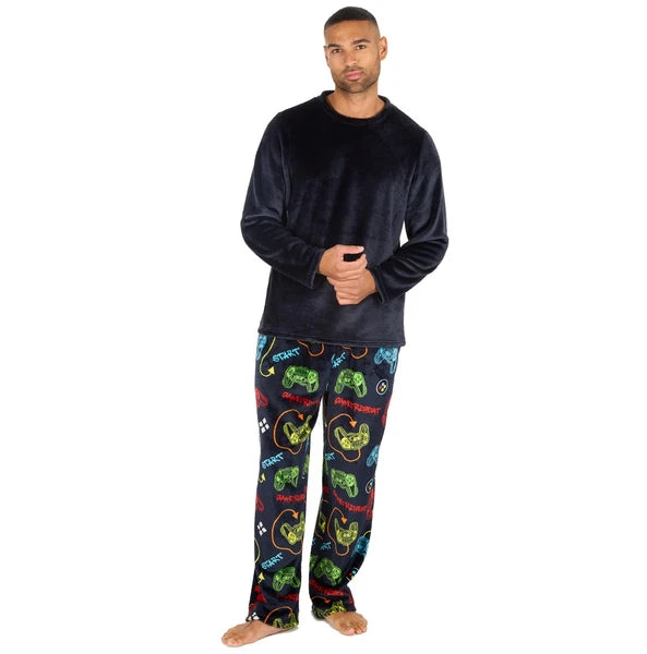 Mens Fleece Pyjamas Long Sleeve Pyjama Set Gamer Gaming Check Size S-XXL
