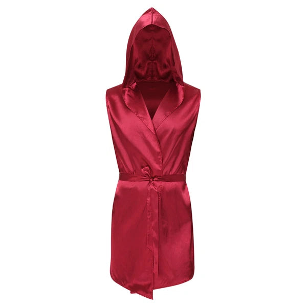 Men's Satiny Pajama Robe Set Sleeveless Silk Hooded Bathrobe with Belt Sleepwear