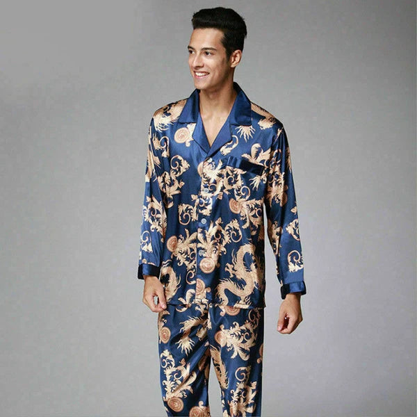 Men Satin Faux Silk Pyjama Set Sleeping Nightwear Asian Dragon Night Gown Outfit
