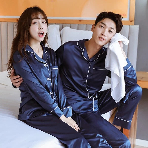 Men Women Silk Satin Pajamas Set Couple Sleepwear Lovers Unisex Nightwear Pijama