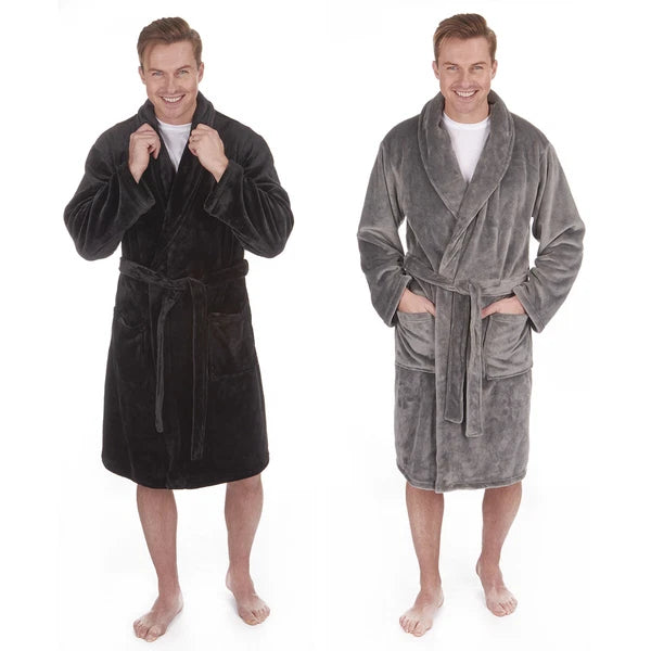 Mens Dressing Gown Robe Flannel Shawl Collar Nightwear Soft Fleece PIERRE ROCHE
