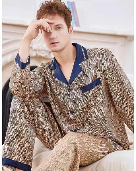 Men's 19MM 100% Pure Mulberry Silk Pajamas Set Print Silk Sleepwear M L XL