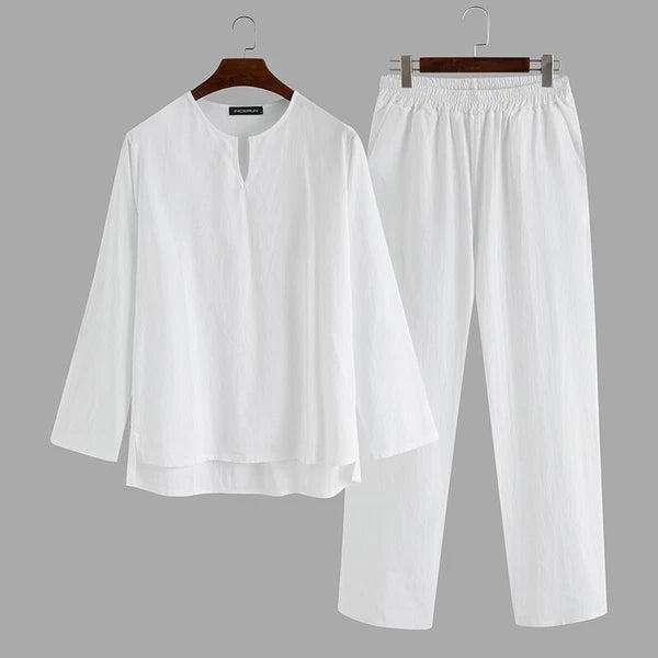 Mens Long Sleeve Cotton Linen Casual Loose Pajamas Suits Night Loungewear Set
