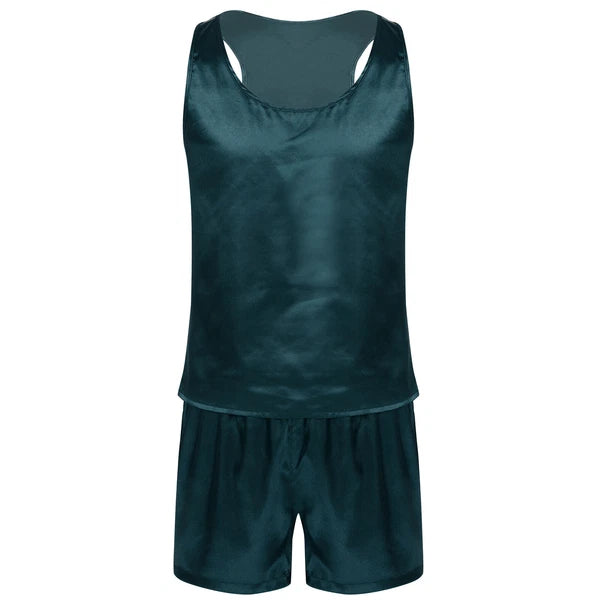 Men's Silk Satin Pajamas Set Vest Top and Boxer Shorts Sleepwear Home Loungewear