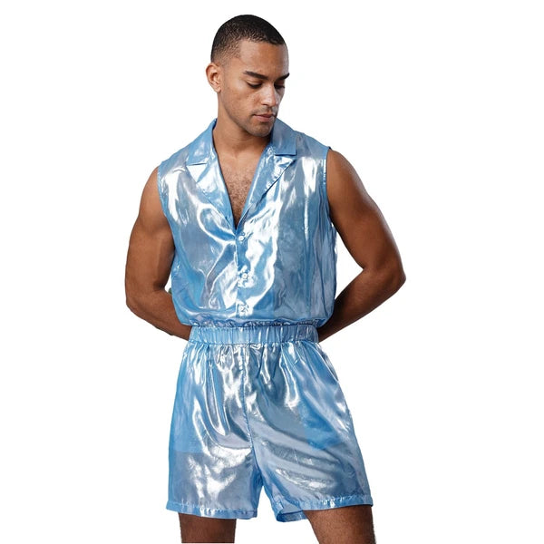Men Shiny Glossy See-Through Metallic Chiffon Jumpsuit Bodysuit /Pajama Set