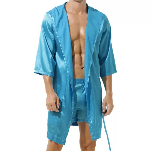 Men's Hooded Robe Set Silk Satin Night Gown Bathrobe Pajama Hot Pants Underwear
