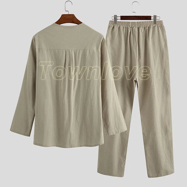 Mens Long Sleeve Cotton Linen Casual Loose Pajamas Suits Night Loungewear Set