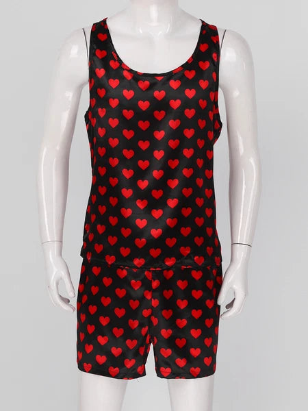 Men's Silk Satin Pajamas Set Vest Top and Boxer Shorts Sleepwear Home Loungewear