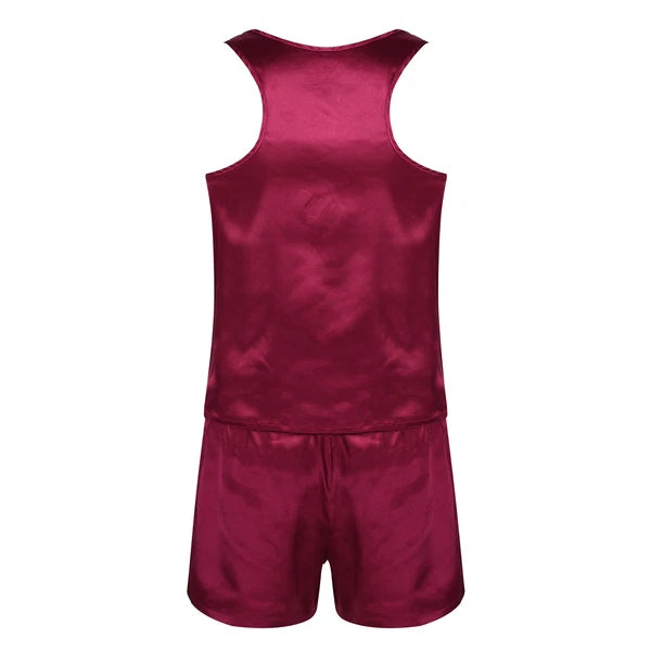 Men's Silk Satin Pajamas Set Vest Top and Boxer Shorts Sleepwear Home Loungewear