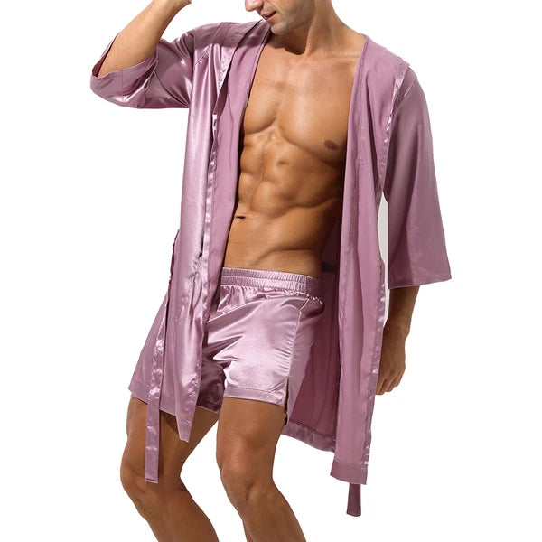 Men's Hooded Robe Set Silk Satin Night Gown Bathrobe Pajama Hot Pants Underwear