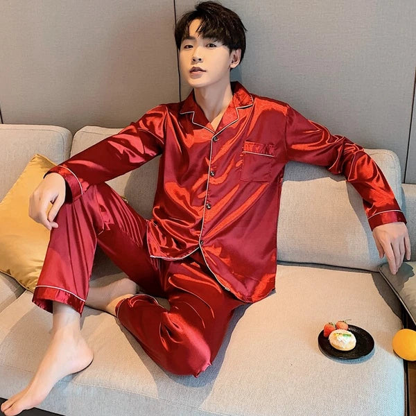 Mens Silk Satin Pajamas Set pyjamas for men Loose Sleepwear PJ Set Autumn Gift