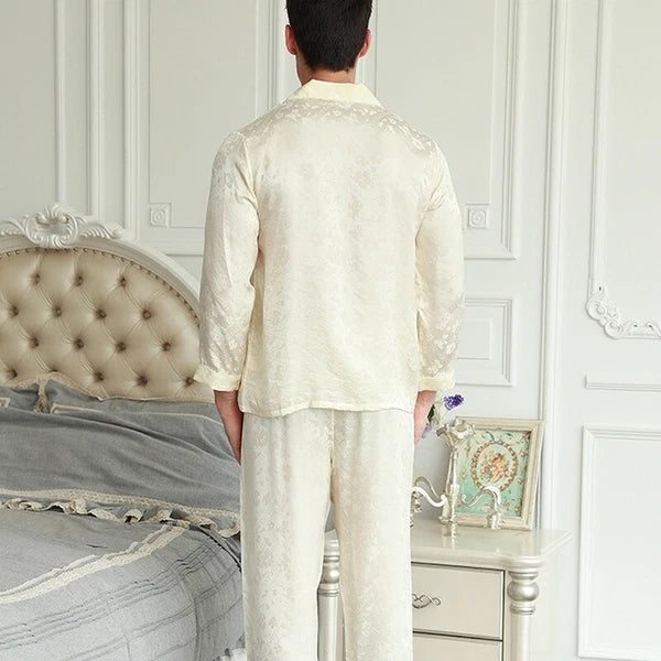 Men's 19MM 100% Pure Mulberry Silk Pajamas Set Long Sleeves Silk Sleepwear S~XXL