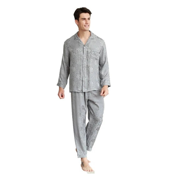 Men's 19MM 100% Pure Mulberry Silk Pajamas Set Long Sleeves Silk Sleepwear S~XXL