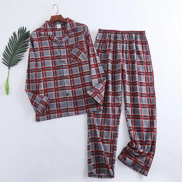 Men's Pajamas Set 100% Cotton Sleepwear Long Sleeve Button Top Pants Nightwear