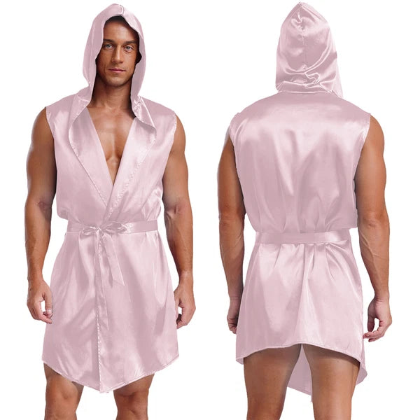 Men's Satiny Pajama Robe Set Sleeveless Silk Hooded Bathrobe with Belt Sleepwear