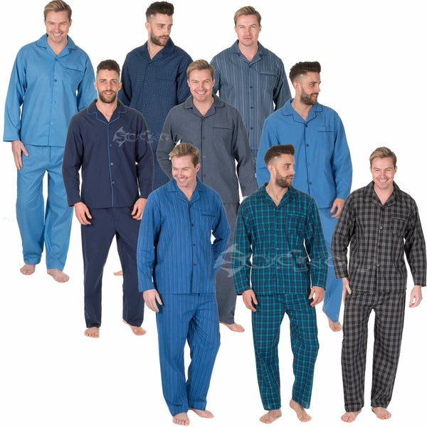 Mens Woven Polycotton Pyjama Set Sizes Small up to 5XL Stripes Plain Kingsize
