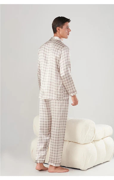 Men's 19MM 100% Pure Mulberry Silk Pajamas Set Long Sleeves Silk Sleepwear S~3XL