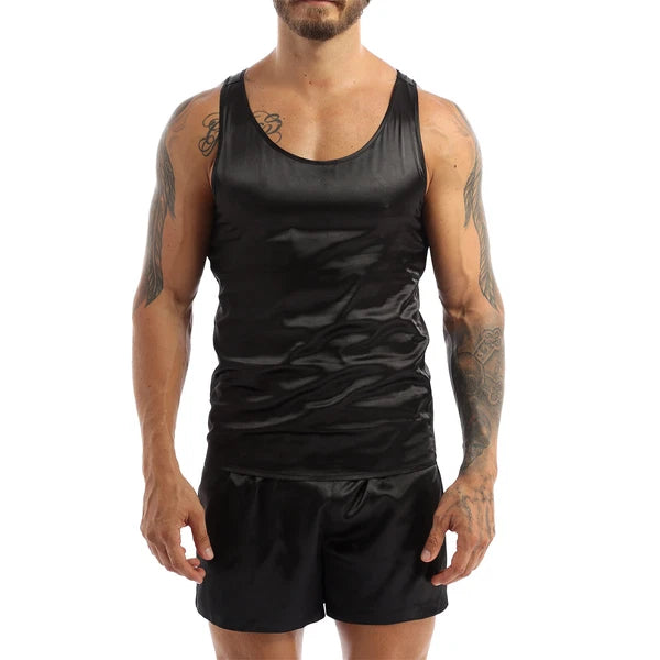 Men's Silk Satin Pajamas Set Vest Top and Boxer Shorts Sleepwear Home Loungewear