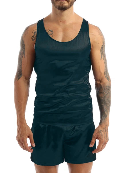 Men's Silk Satin Pajamas Set Vest Top and Boxer Shorts Sleepwear Home Loungewear