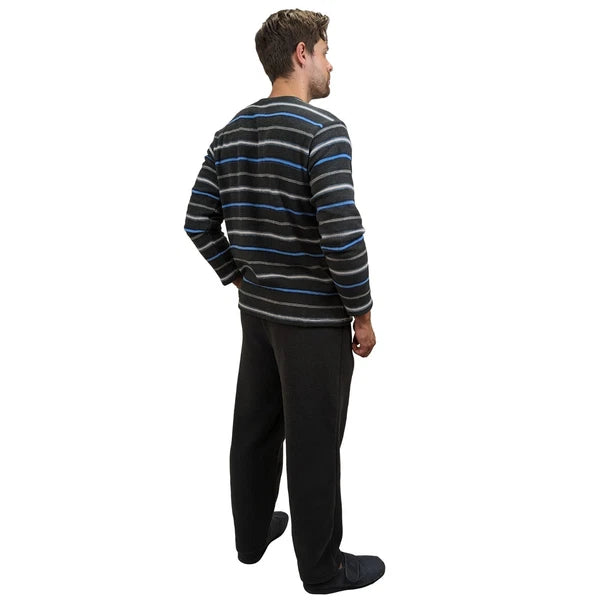 Mens Fleece Warm Soft Pyjamas Striped PJ Set Nightwear Nightsuit Pyjama S-4XL