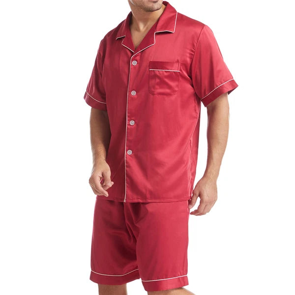 Men Satin Pajamas Set Shorts + Shirt Sleepwear Lounge Nightwear Buttons Outfit
