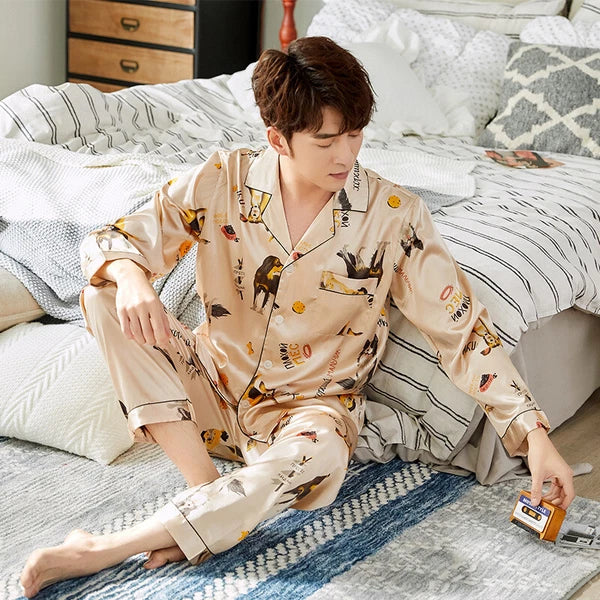 Men's Long Sleeve Satin Pajamas Set Luxury Button Down Pajama Pants Home Clothe