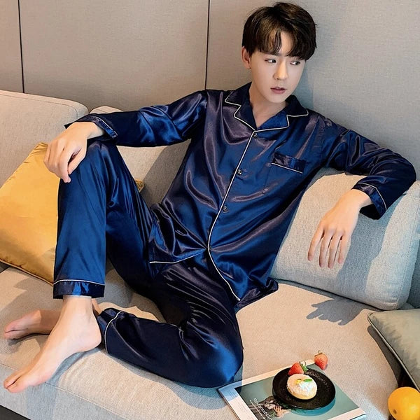 Mens Silk Satin Pajamas Pj Set Top and Bottom Sleepwear Nightwear Casual pijamas