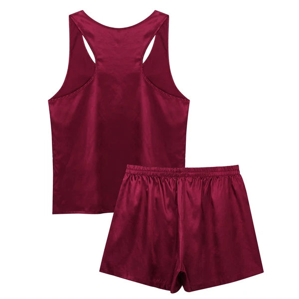 Men's Silk Satin Pajamas Set Vest Top and Boxer Shorts Sleepwear Home Loungewear