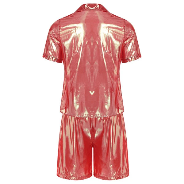 Men Shiny Glossy See-Through Metallic Chiffon Jumpsuit Bodysuit /Pajama Set
