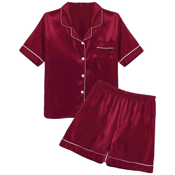 Men's Silky Satin Pajamas Set Short Sleeves Button T-Shirt Tops with Shorts