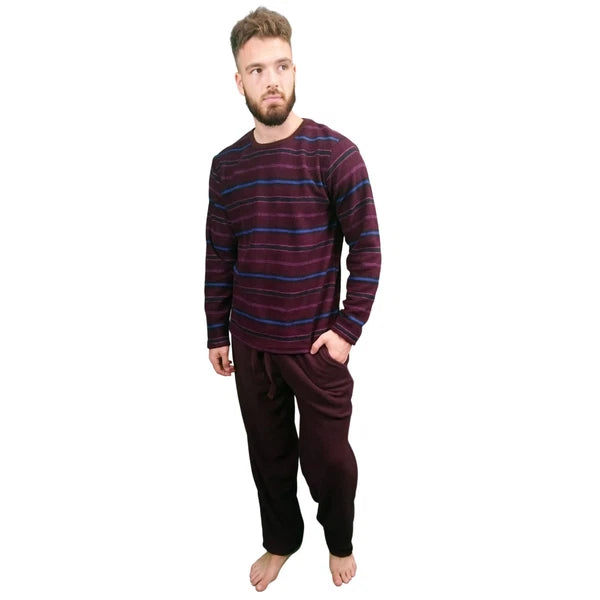 Mens Fleece Warm Soft Pyjamas Striped PJ Set Nightwear Nightsuit Pyjama S-4XL