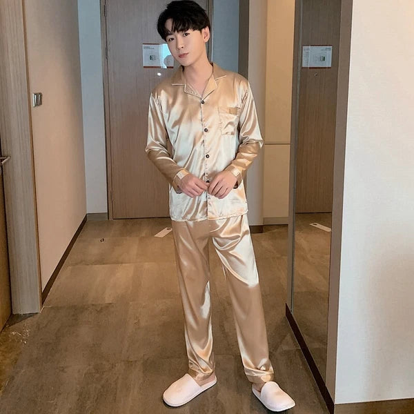 Mens Silk Satin Pajamas Set Sleepwear Pyjamas Long Sleeve PJ Set Top and Bottom