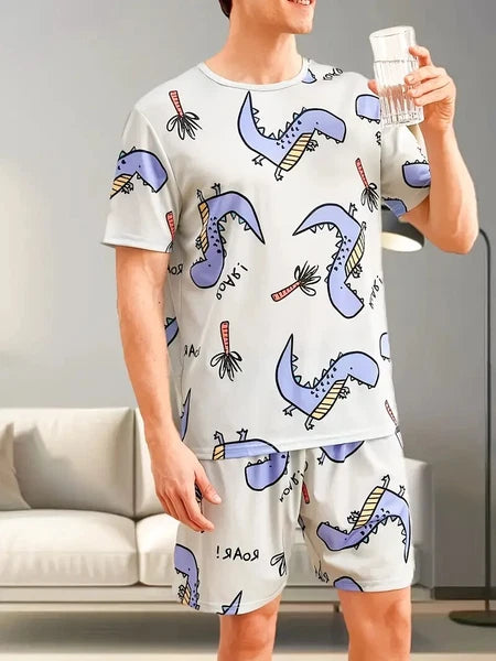 New Men's Dinosaur Pajama Set Short Sleeve & Shorts Comfy Soft- Size M to XXL -